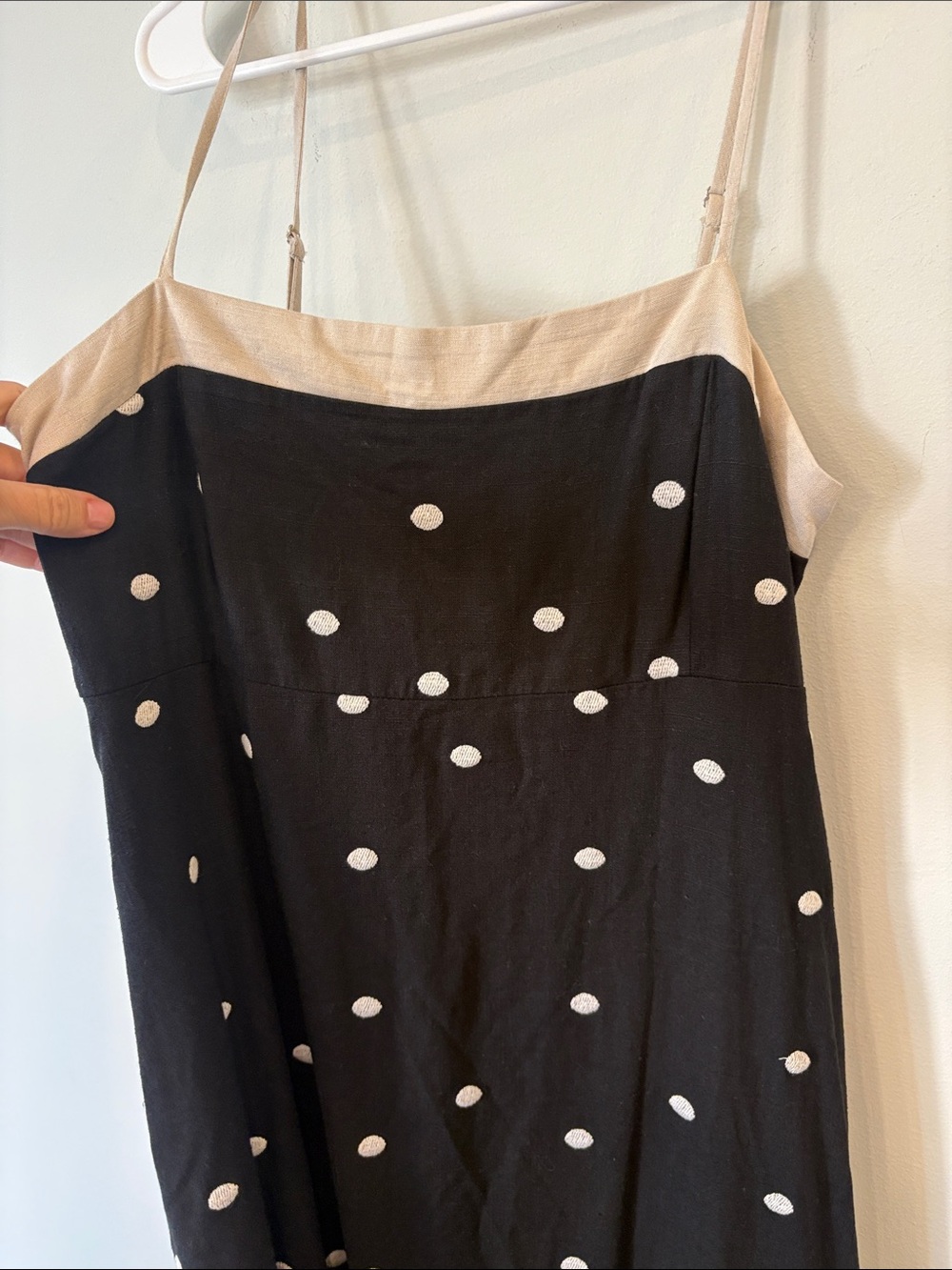 Maude Club linen Black Polka Dot Maxi Dress with Cream Trim Medium - Picture 2 of 8